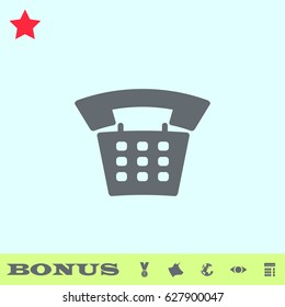 Old phone icon flat. Grey pictogram on blue background. Vector illustration symbol and bonus buttons medal, cow, earth, eye, calculator
