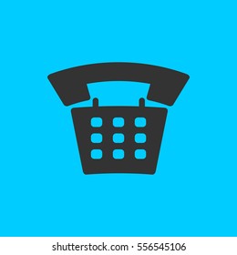 Old phone icon flat. Simple vector black pictogram on blue background