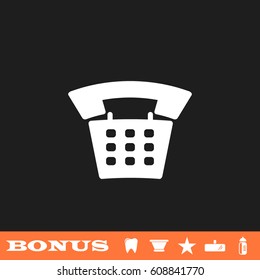 Old phone icon flat. White pictogram on black background. Vector illustration symbol and bonus button tooth, vase, star, mirror, bottle