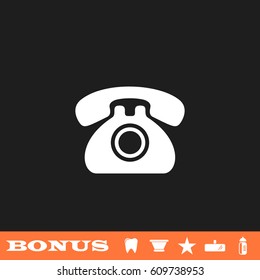 Old phone icon flat. White pictogram on black background. Vector illustration symbol and bonus button tooth, vase, star, mirror, bottle