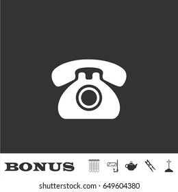 Old phone icon flat. White pictogram on black background. Vector illustration symbol and bonus icons