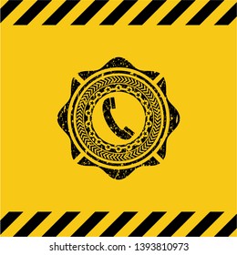 old phone icon grunge black emblem with yellow background, warning sign. Vector Illustration. Detailed.