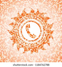 old phone icon inside abstract emblem, orange mosaic background