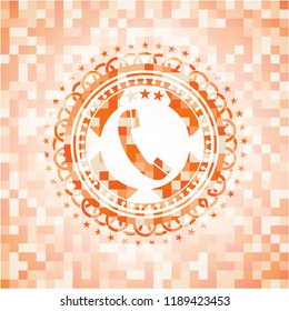 old phone icon inside abstract orange mosaic emblem with background