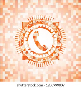 old phone icon inside abstract emblem, orange mosaic background