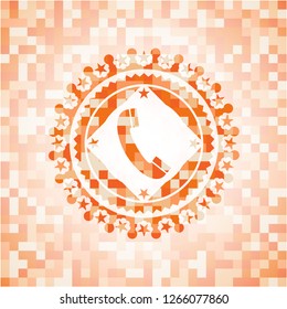 old phone icon inside abstract emblem, orange mosaic background