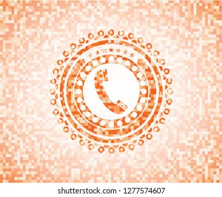 old phone icon inside abstract emblem, orange mosaic background