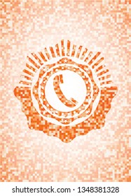old phone icon inside abstract emblem, orange mosaic background