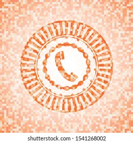 old phone icon inside abstract orange mosaic emblem with background