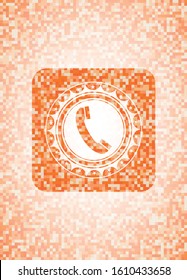 old phone icon inside abstract emblem, orange mosaic background