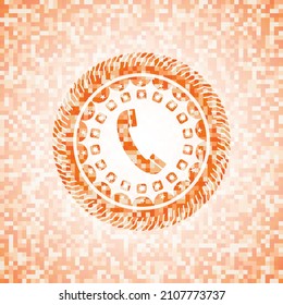old phone icon inside abstract orange mosaic emblem. 