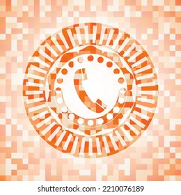 old phone icon inside abstract emblem, orange mosaic background. 