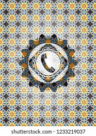 old phone icon inside arabesque badge. arabic decoration.