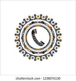 old phone icon inside arabesque badge background. arabic decoration.