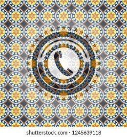 old phone icon inside arabesque style badge. arabic decoration.