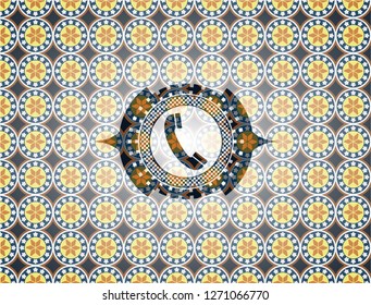 old phone icon inside arabesque style emblem. arabic decoration.
