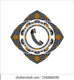 old phone icon inside arabesque badge background. arabic decoration.