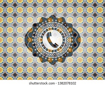 old phone icon inside arabesque badge. arabic decoration.