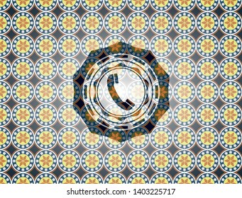 old phone icon inside arabesque badge background. arabic decoration.