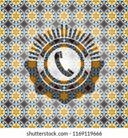 old phone icon inside arabic badge background. Arabesque decoration.
