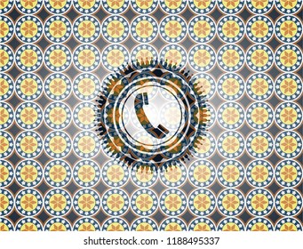 old phone icon inside arabic badge background. Arabesque decoration.