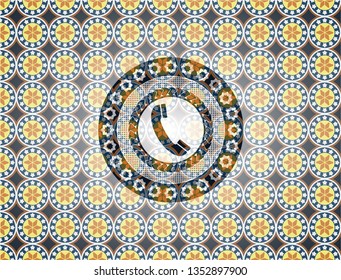 old phone icon inside arabic badge. Arabesque decoration.