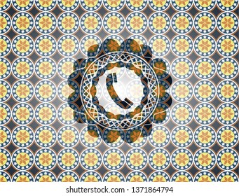 old phone icon inside arabic badge background. Arabesque decoration.
