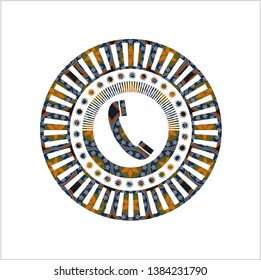 old phone icon inside arabic badge background. Arabesque decoration.