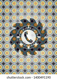 old phone icon inside arabic style badge. Arabesque decoration.