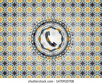 old phone icon inside arabic style badge. Arabesque decoration.