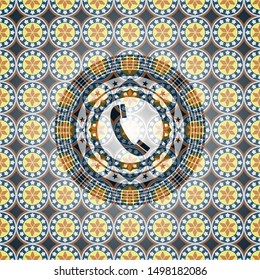 old phone icon inside arabic badge background. Arabesque decoration.