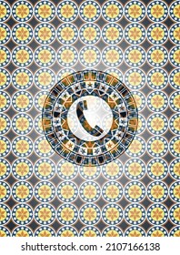 old phone icon inside arabic style emblem. Arabesque decoration. 