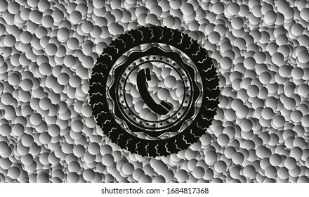 old phone icon inside black badge with grey bubbles background. Vector Illustration. Detailed.