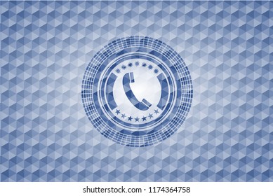 old phone icon inside blue emblem with geometric background.