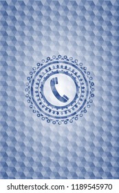 old phone icon inside blue badge with geometric background.