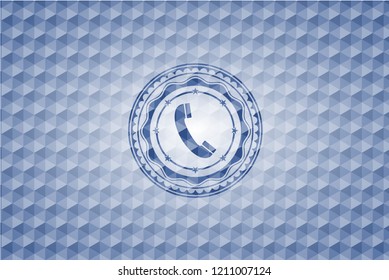 old phone icon inside blue emblem with geometric pattern.