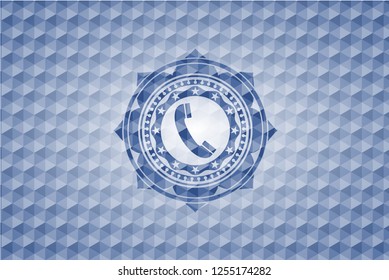 old phone icon inside blue emblem or badge with abstract geometric pattern background.
