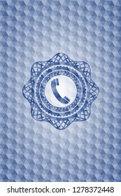 old phone icon inside blue badge with geometric pattern.