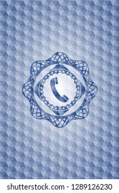 old phone icon inside blue emblem or badge with geometric pattern background.