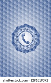 old phone icon inside blue emblem or badge with abstract geometric polygonal pattern background.