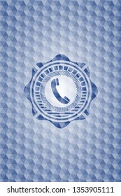 old phone icon inside blue badge with geometric background.