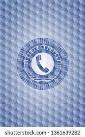 old phone icon inside blue badge with geometric pattern background.