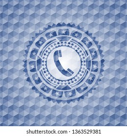 old phone icon inside blue emblem or badge with abstract geometric polygonal pattern background.
