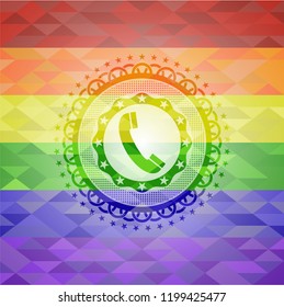 old phone icon inside emblem on mosaic background with the colors of the LGBT flag