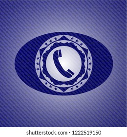 old phone icon inside emblem with denim high quality background