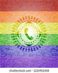 old phone icon inside emblem on mosaic background with the colors of the LGBT flag