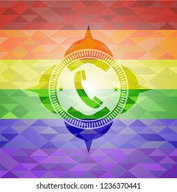 old phone icon inside emblem on mosaic background with the colors of the LGBT flag