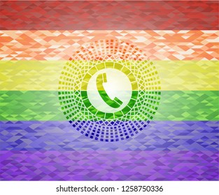 old phone icon inside emblem on mosaic background with the colors of the LGBT flag