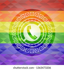 old phone icon inside emblem on mosaic background with the colors of the LGBT flag