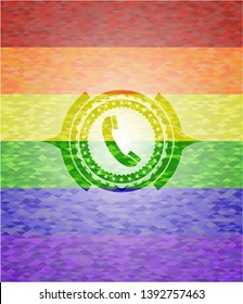 old phone icon inside emblem on mosaic background with the colors of the LGBT flag